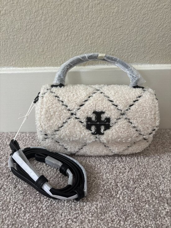 Tory Burch Handbags - NEW Tory Burch Britten Shoulder Crossbody Bag Quilted Boucle Sherpa White Black